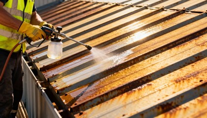 Medium shot of a technician applying UVprotective layer on metal rooftop focusing on corrosion...