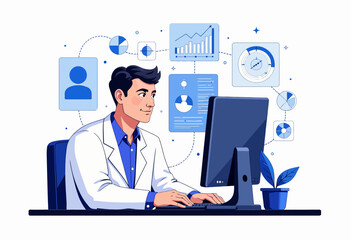 Fototapeta premium Professional working at a computer in a modern office, surrounded by digital data visuals and analytics charts, representing technology and business growth