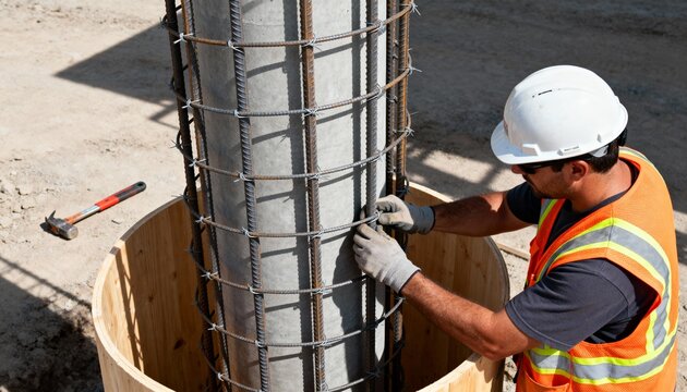 Medium shot of a worker positioning vertical rebar inside a concrete column mold for structural reinforcement on a construction site.