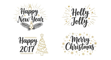 Four festive holiday greeting cards with elegant typography and decorative elements for new year, christmas, and holly jolly