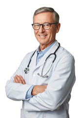 Fototapeta premium Smiling older male physician wearing a white lab coat and stethoscope with arms crossed against a dark backdrop