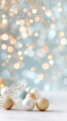 Elegant holiday decor with gold and blue ornaments against a bokeh background
