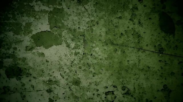 A stark close-up shot reveals a deeply textured wall surface with dark, muted green paint dramatically peeling and cracking. The intricate network of fissures and flaky segments creates a compelling s