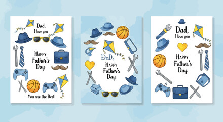 Fathers day card with blue and yellow design featuring tools, sports items, and heart symbols