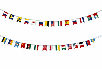 International Flags Bunting Featuring Diverse Global Nations Displayed on Two Levels of Hanging Decorative String