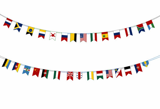 International Flags Bunting Featuring Diverse Global Nations Displayed on Two Levels of Hanging Decorative String
