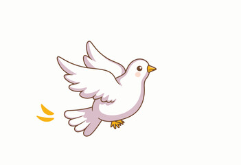 Fototapeta premium Illustration of a cartoon white dove in flight with wings spread against a simple white background, symbolizing peace, freedom, and purity