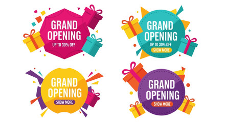Grand opening celebration with colorful banners, shopping bags, and ribbons, perfect for advertising new store launch