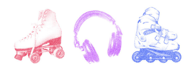 Risograph Print with Photocopy Effect Featuring a Roller Skates and Headphones