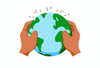 Illustration of hands gently holding a vibrant blue and green Earth, emphasizing the importance of global unity, environmental care, and sustainable practices