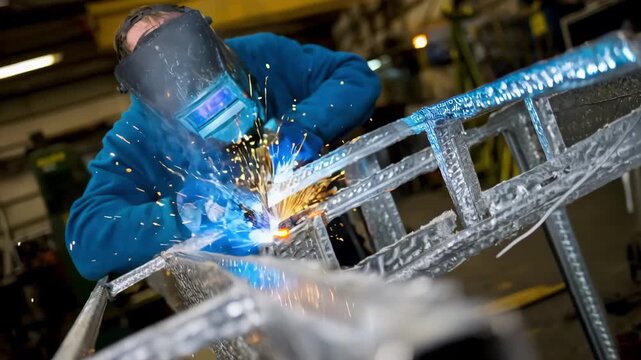Technician welding highstrength aluminum alloy parts on a marine vessel frame demonstrating corrosion resistance and structural integrity.