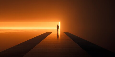 Low-angle shot looking up at a clean, powerful silhouette of a person standing on a futuristic platform looking towards a glowing, unknown horizon, exploration, perspecti