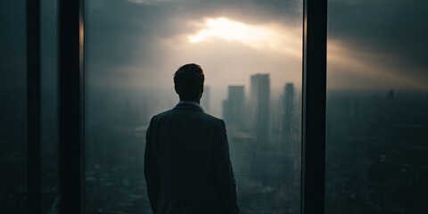 Fototapeta premium A clean, dramatic, moody shot of a single professional looking out a high-rise window at a city skyline (soft backlighting), deep in strategic contemplation, vision, stra