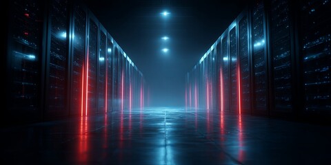 Fototapeta premium A clean, dramatic, moody shot of a single illuminated server rack/data center aisle, with glowing blue and red lights emphasizing the vastness of the digital infrastructu