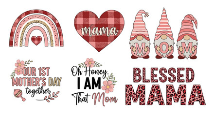 Mothers day card with heart, rainbow, gnomes, and text designs for celebrating moms and family bonds