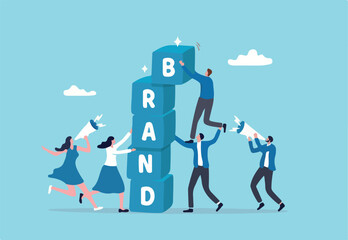 Build branding or brand awareness, marketing or advertising for company reputation, strategy to promote product or sales strategy concept, business people help building block with the word BRAND.