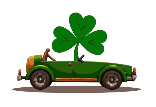 Vintage green convertible car with a prominent shamrock leaf symbolizing Irish culture and tradition, illustrating themes of luck and charm in illustration style