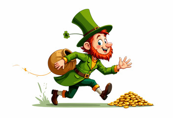 A cheerful leprechaun in a green outfit gleefully running towards a pile of gold coins with a full sack over his shoulder on a bright white background
