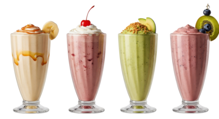 Four colorful milkshakes in tall glasses, each topped with unique garnishes like banana, cherry, nuts, and kiwi, create delightful and refreshing display