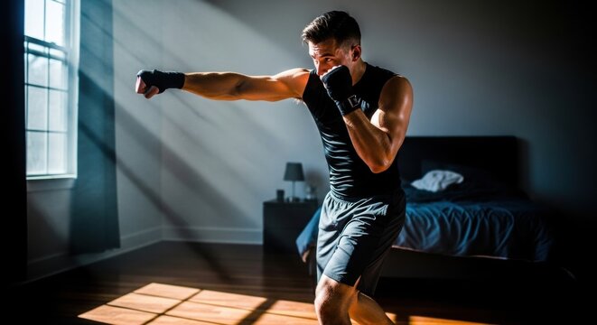 Shadow Boxing: A determined individual, immersed in shadow, throws a powerful punch, demonstrating his dedication to fitness and the art of boxing within an intimate interior.
