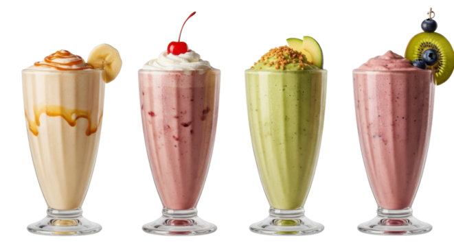 Four colorful milkshakes in tall glasses, each topped with unique garnishes like banana, cherry, nuts, and kiwi, create delightful and refreshing display