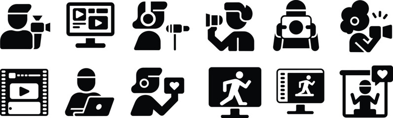 Video creator and influencer icons set featuring filming, streaming, vlogging, camera operator, online content, social media production and digital creator illustration vector.