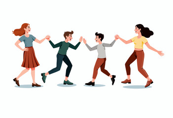 Obraz premium Illustration of two adults and two children joyfully playing a game of high-five while running in pairs, captured in a lively and energetic scene of motion and fun