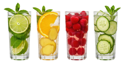 Four refreshing glasses of infused water with lime, orange, raspberry, and cucumber, each garnished with mint leaves, showcasing vibrant colors and healthy ingredients