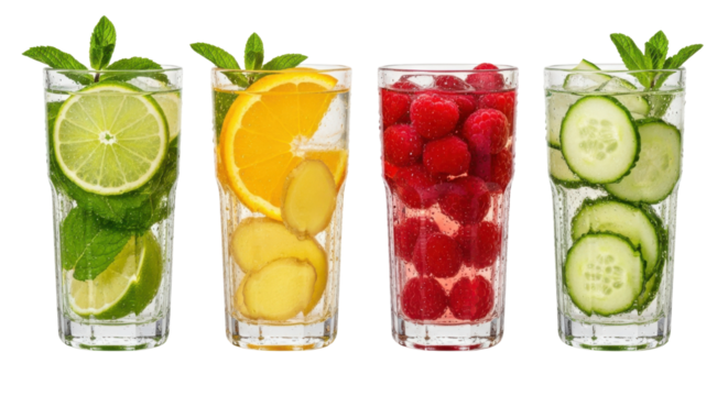 Four refreshing glasses of infused water with lime, orange, raspberry, and cucumber, each garnished with mint leaves, showcasing vibrant colors and healthy ingredients