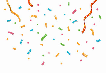 Fototapeta premium A Vibrant Celebration of Colorful Falling Confetti and Curled Ribbons on a White Background Capturing Joyful Festive Spirit