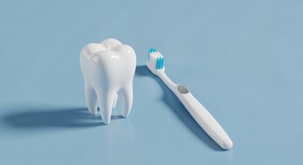 Dental Hygiene Essentials: A pristine, radiant tooth stands beside a clean toothbrush against a calming blue backdrop, highlighting the significance of oral health and dental care.