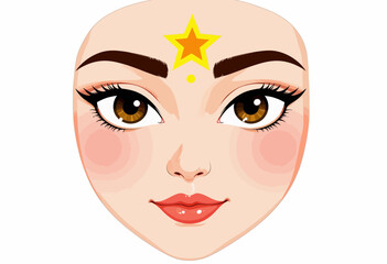 Obraz premium Illustration of a Female Face with a Star Symbol on Forehead and Expressive Eyes on a Neutral Background
