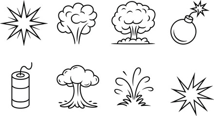 Explosion and blast icons set featuring smoke clouds, bomb illustrations, burst effects, detonations, shockwaves, dynamite and comic-style explosion vector graphics.