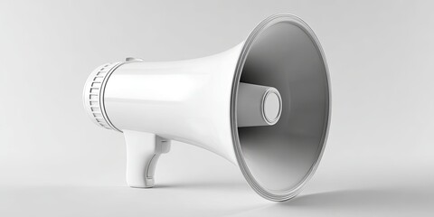 Clean, minimalist shot of a clean, simple bullhorn/megaphone (focused object) isolated on a clean white background, emphasizing promotion and outreach, advertising, clean