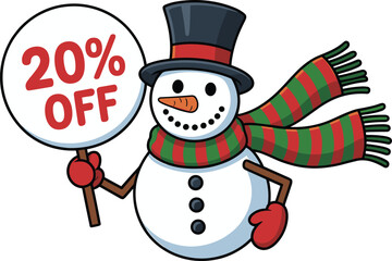 Festive snowman holding 20% off sign, winter holiday sale cartoon character with scarf and hat, Christmas discount promotion illustration for seasonal marketing.