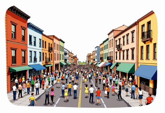 Diverse Crowd Gathered on a Vibrant Urban Street for a Community Event on a Bright Day, Surrounded by Colorful Historic Buildings and Smiling Faces