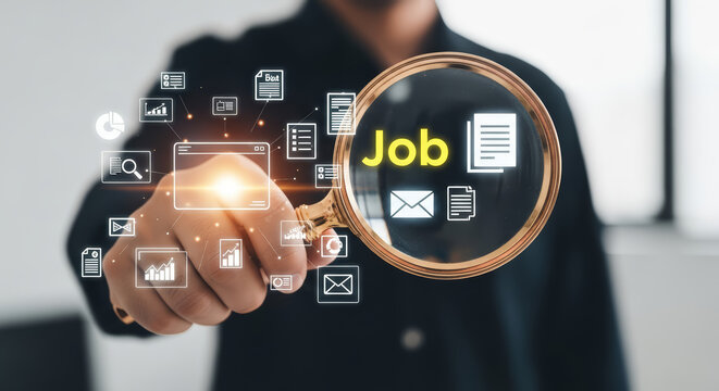 Businessman Holding Magnifying Glass to Search for Job Opportunities Online
