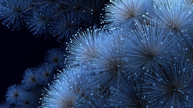 Blue fireworks burst along the edge of a dark sky creating a dramatic frame of light energy celebration and contrast with vivid sparks and glowing motion
