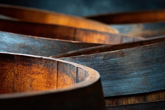 Old Wooden Barrels: An aged, weathered wooden barrel. The close-up shot offers a textured journey into the past, perfect for evoking a sense of heritage and tradition.