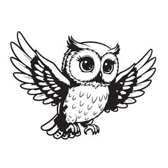 Fototapeta premium Whimsical black and white illustration of a cute perched owl with spread wings.