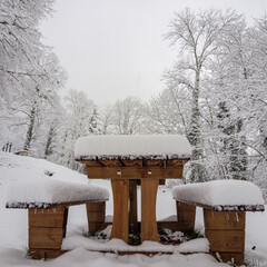 Symmetric view of snow-covered wooden picnic table in winter forest