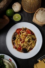 Papaya salad with fermented fish,Sticky rice, papaya salad, Som Tam , som tum, thai food, isan food,Thai isan kitchen , som tum lao