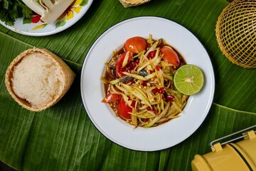 Papaya salad with fermented fish,Sticky rice, papaya salad, Som Tam , som tum, thai food, isan food,Thai isan kitchen , som tum lao