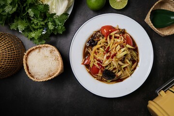 Papaya salad with fermented fish,Sticky rice, papaya salad, Som Tam , som tum, thai food, isan food,Thai isan kitchen , som tum lao