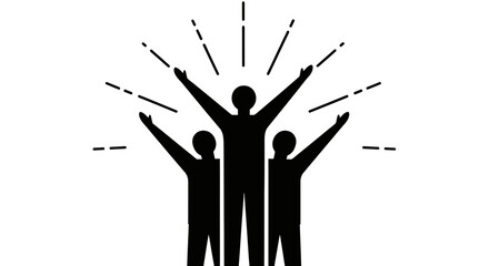 Black and white illustration of three people with arms raised, celebrating success and unity.