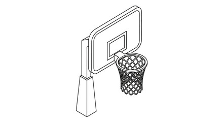 Isometric view of a basketball hoop with a backboard, net, and supporting structure.