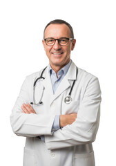 Fototapeta premium Smiling male physician wearing glasses and white lab coat with stethoscope around neck posed confidently