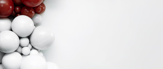 Minimalist balloon arrangement with red and white balloons on a clean white background, creating modern party decor and copy space for celebration designs.