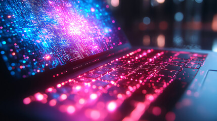 Bright laptop cyber abstract background with neon lights. Cyber Monday deals, e-commerce promotions, online retail shopping, Black Friday, seasonal sales, technology marketing advertisement.