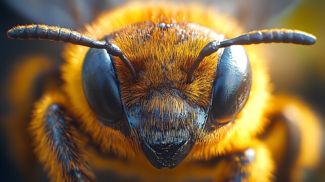 Extreme close-up of a fuzzy yellow and photo black bee's face with large compound eyes